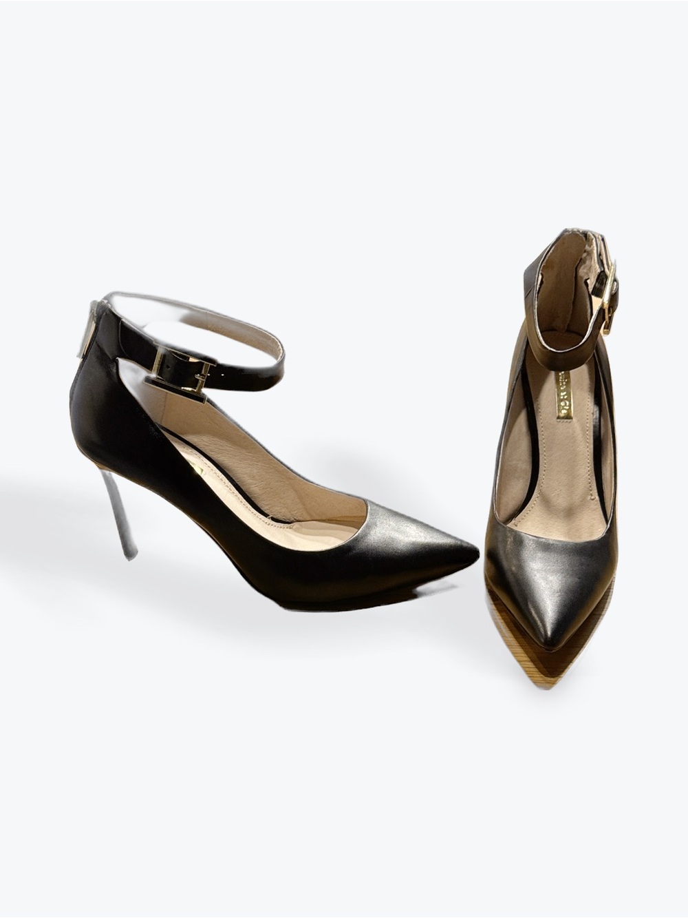 Louise et Cie Black Pointed-Toe Ankle-Strap Pumps with Gold Buckle